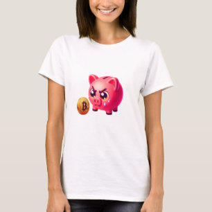 Cute Pink Angry Piggy Bank Holding Gold Bitcoin Co T-Shirt