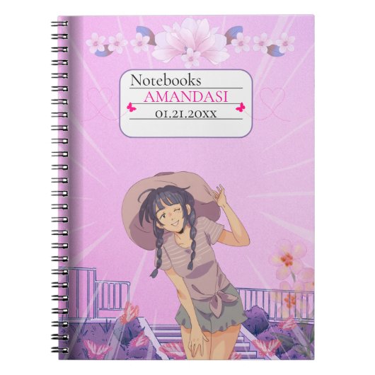 Cute-Pink Anime Girl Floral Aesthetic Notebook Notizblock (Vorderseite)