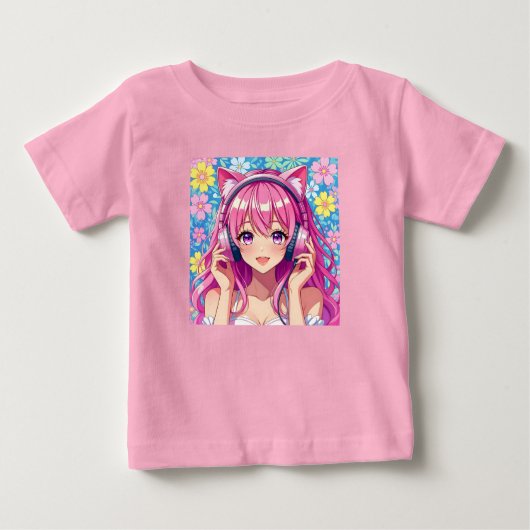 Cute Pink Anime Girl with Headphones Baby T-shirt (Vorderseite)