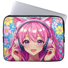 Cute Pink Anime Girl with Headphones Laptopschutzhülle