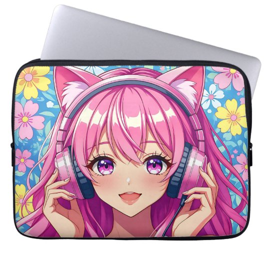 Cute Pink Anime Girl with Headphones Laptopschutzhülle (Vorderseite)