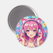 Cute Pink Anime Girl with Headphones Magnet (Vorderseite/Rückseite)