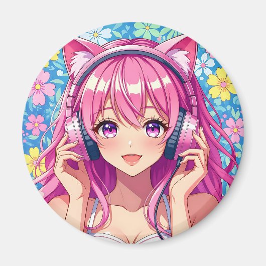 Cute Pink Anime Girl with Headphones Magnet (Vorne)