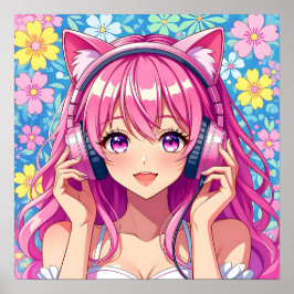 Cute Pink Anime Girl with Headphones Poster