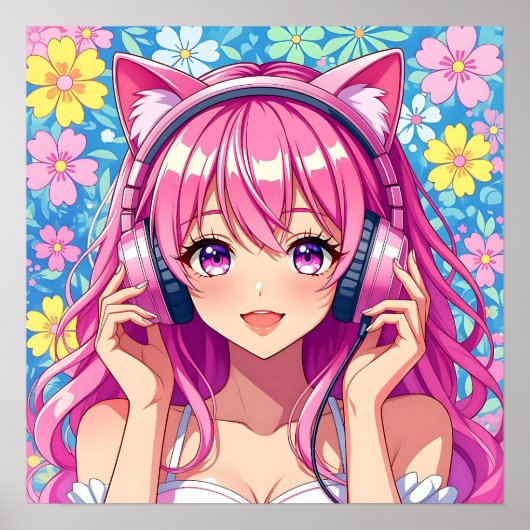 Cute Pink Anime Girl with Headphones Poster (Vorne)