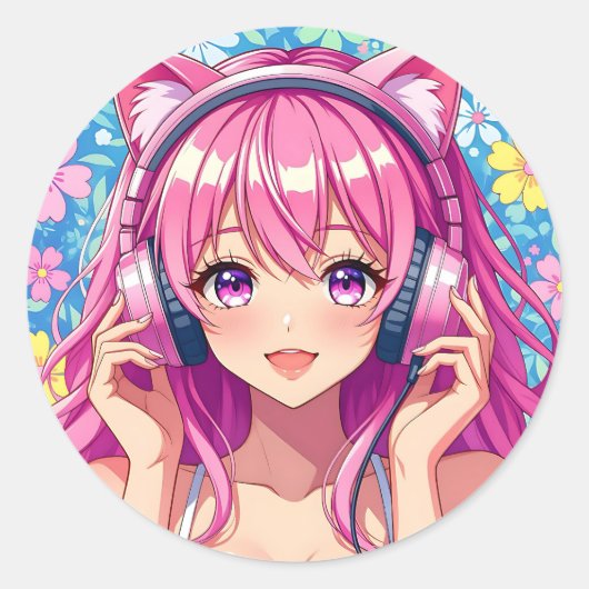 Cute Pink Anime Girl with Headphones Runder Aufkleber (Vorderseite)