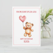 Cute Pink Balloon Teddy Bear Happy 1st Birthday Karte (Stehend Vorderseite)