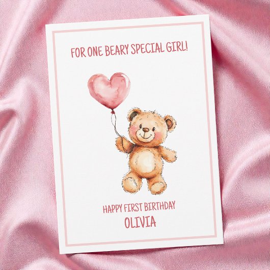 Cute Pink Balloon Teddy Bear Happy 1st Birthday Karte