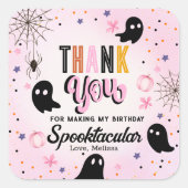 Cute Pink Black Spooktacular Birthday Thank You Quadratischer Aufkleber (Vorderseite)