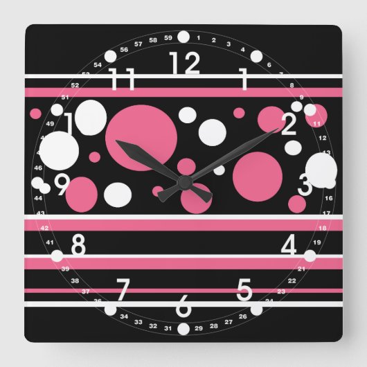 Cute Pink Black White Stripes Polka Dots Pattern Quadratische Wanduhr (Vorderseite)