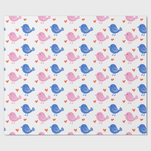 Cute Pink Blue Bird Heart Pattern Repeating Love Geschenkpapier (Flach)