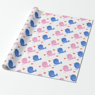 Cute Pink Blue Bird Heart Pattern Repeating Love Geschenkpapier