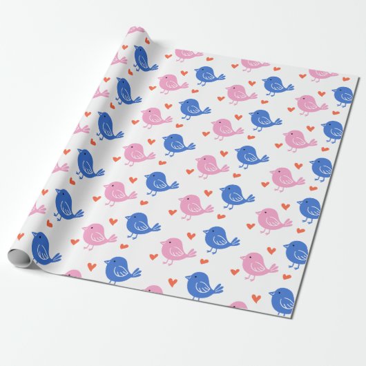 Cute Pink Blue Bird Heart Pattern Repeating Love Geschenkpapier (Ungerollt)