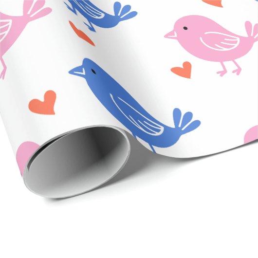 Cute Pink Blue Bird Heart Pattern Repeating Love  Geschenkpapier (Rolleneckpunkt)