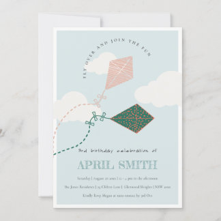 Cute Pink Blue Flying Kite Sky Clouds Birthday Einladung