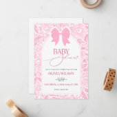 Cute Pink Bow Baby Shower Invitation Mitteilungskarte (Vorderseite/Rückseite Beispiel)