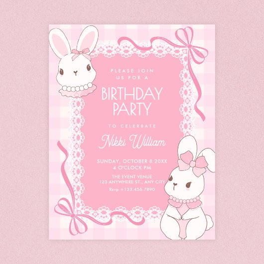 Cute pink bow bunny birthday einladung
