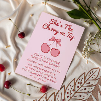 Cute Pink Bow Cherry on Top First Birthday Einladung