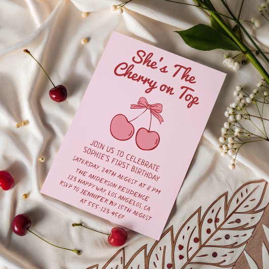 Cute Pink Bow Cherry on Top First Birthday Einladung