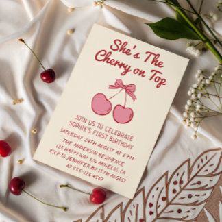 Cute Pink Bow Cherry on Top First Birthday Einladung