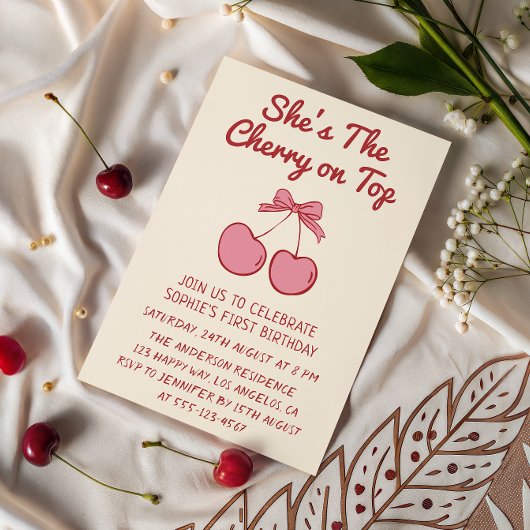 Cute Pink Bow Cherry on Top First Birthday Einladung