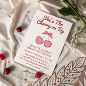 Cute Pink Bow Cherry on Top First Birthday Einladung