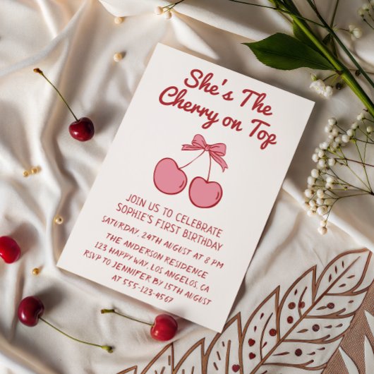 Cute Pink Bow Cherry on Top First Birthday Einladung