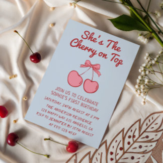 Cute Pink Bow Cherry on Top First Birthday Einladung