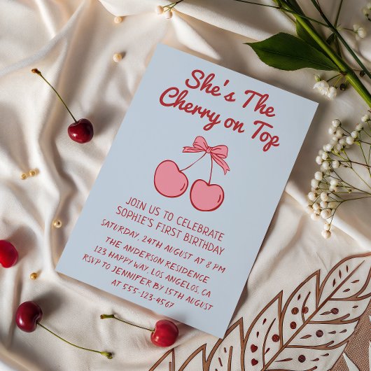 Cute Pink Bow Cherry on Top First Birthday Einladung