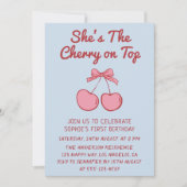 Cute Pink Bow Cherry on Top First Birthday Einladung (Vorderseite)