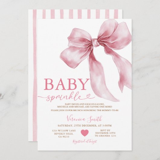 Cute Pink Bow Coquette Baby Sprinkle Baby Shower Einladung (Vorne/Hinten)