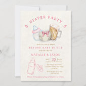 Cute Pink Bow Diaper Beer Baby Shower Einladung (Vorderseite)