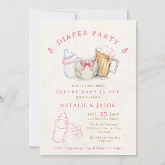 Cute Pink Bow Diaper Beer Baby Shower Einladung (Vorderseite)