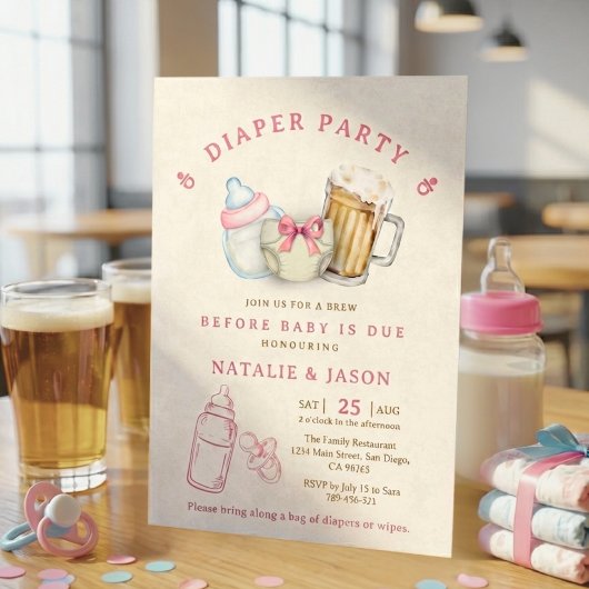 Cute Pink Bow Diaper Beer Baby Shower Einladung