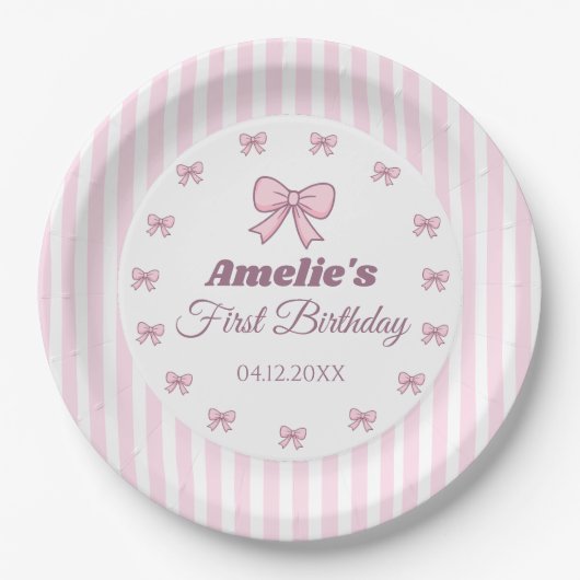 Cute Pink Bow First Birthday  Pappteller (Vorderseite)