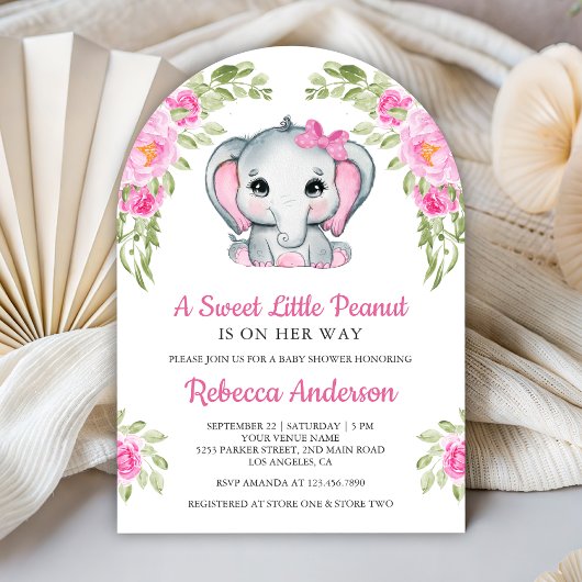 Cute Pink Bow Floral Elephant Baby Shower Einladung