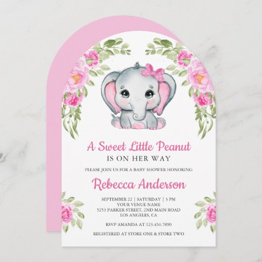 Cute Pink Bow Floral Elephant Baby Shower Einladung (Vorne/Hinten)