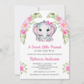 Cute Pink Bow Floral Elephant Baby Shower Einladung (Vorderseite)