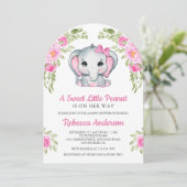 Cute Pink Bow Floral Elephant Baby Shower Einladung (Stehend Vorderseite)
