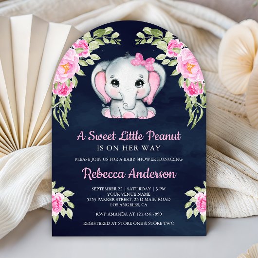 Cute Pink Bow Floral Elephant Navy Baby Shower Einladung