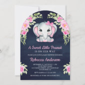 Cute Pink Bow Floral Elephant Navy Baby Shower Einladung (Vorderseite)