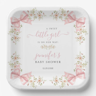 Cute Pink Bow Floral Sweet Baby Shower Pappteller