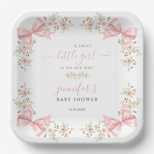 Cute Pink Bow Floral Sweet Baby Shower Pappteller (Vorderseite)