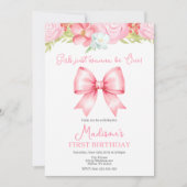 Cute Pink Bow Girl First Birthday Invitation Einladung (Vorderseite)