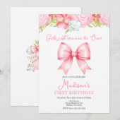 Cute Pink Bow Girl First Birthday Invitation Einladung (Vorne/Hinten)