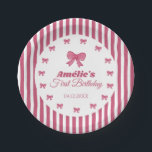 Cute Pink Bow Girl First Birthday  Pappteller<br><div class="desc">Celebrate your baby girl’s special milestone with these adorable Pink Bow First Birthday Paper Plates, designed with soft pink stripes, delicate bow illustrations, and a sweet feminine aesthetic perfect for a stylish celebration. These charming girl 1st birthday party plates are ideal for parents planning a baby girl first birthday party,...</div>