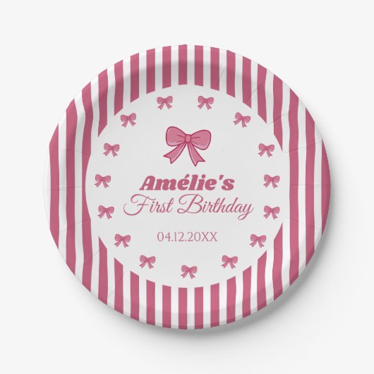 Cute Pink Bow Girl First Birthday  Pappteller (Vorderseite)