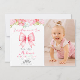 Cute Pink Bow Girl First Birthday Photo Invitation Einladung