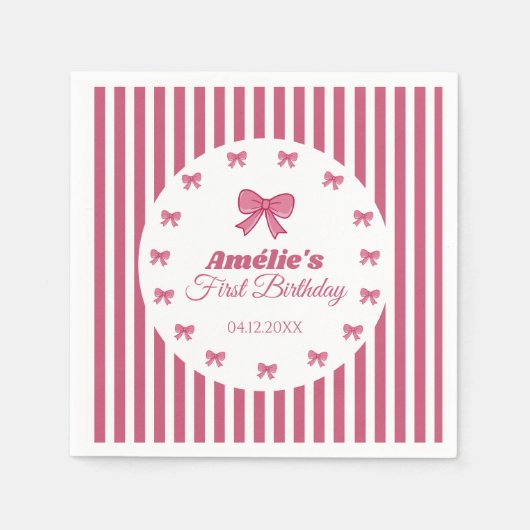 Cute Pink Bow Girl First Birthday  Serviette (Vorderseite)