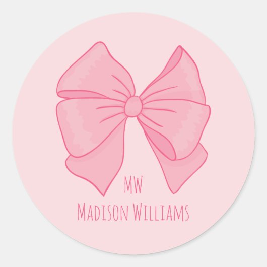 Cute Pink Bow Girl's Monogram and Name Runder Aufkleber (Vorderseite)